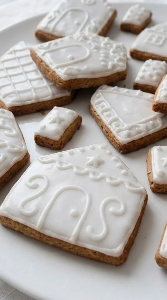 Gingerbread House Cookies with golden edges and royal icing decorations Recipe focus: gingerbread house cookies decorated.