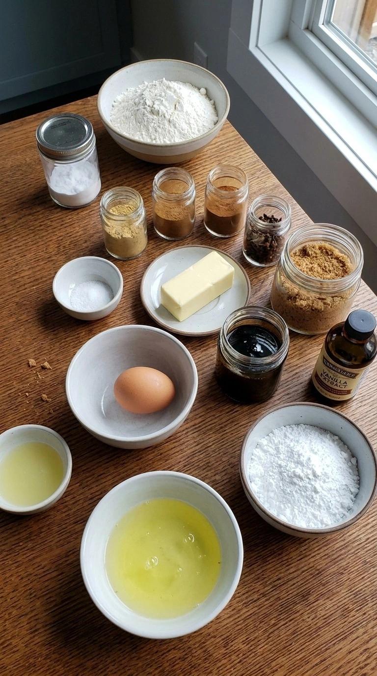 Gingerbread House Cookies ingredients with flour spices and icing supplies Recipe focus: gingerbread house royal icing cookies.