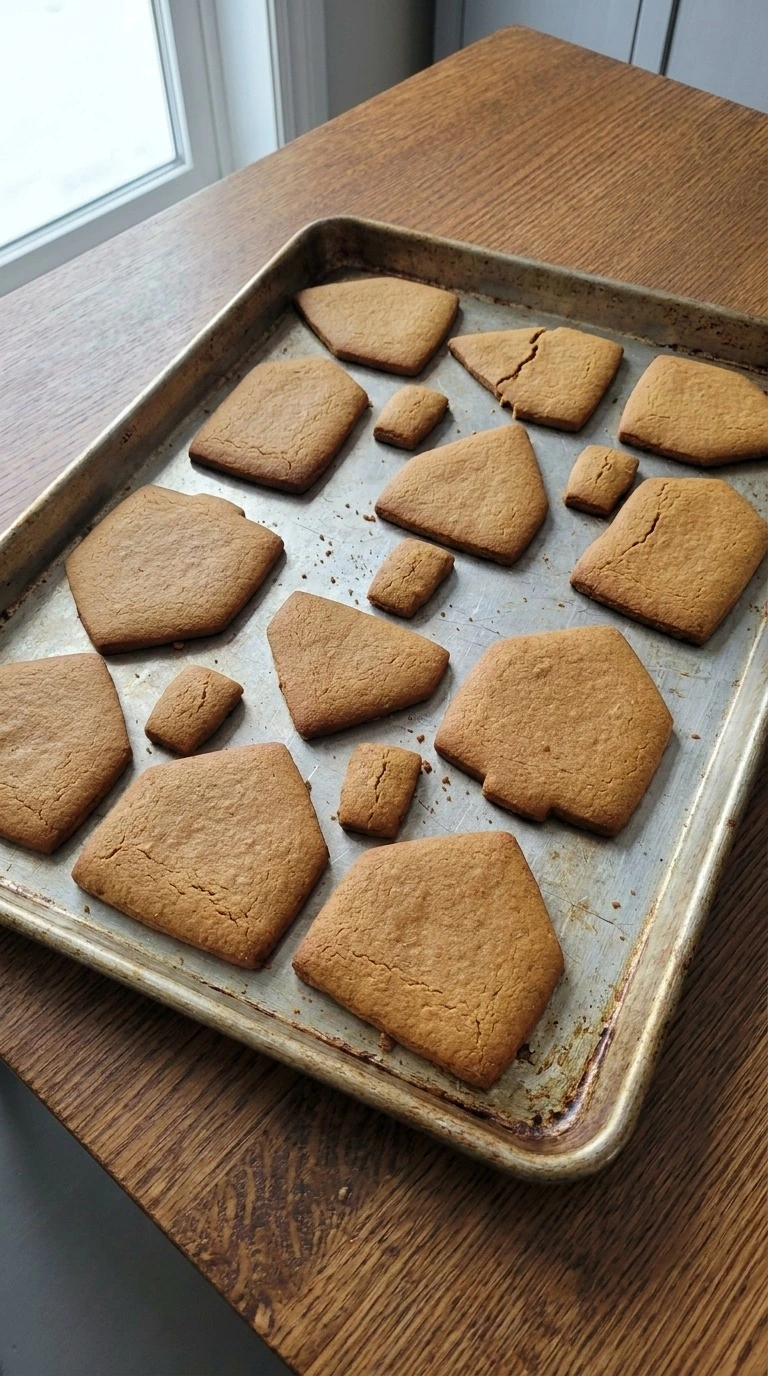 Gingerbread House Cookies shapes baked with golden edges on tray Recipe focus: gingerbread house cookies decorated.