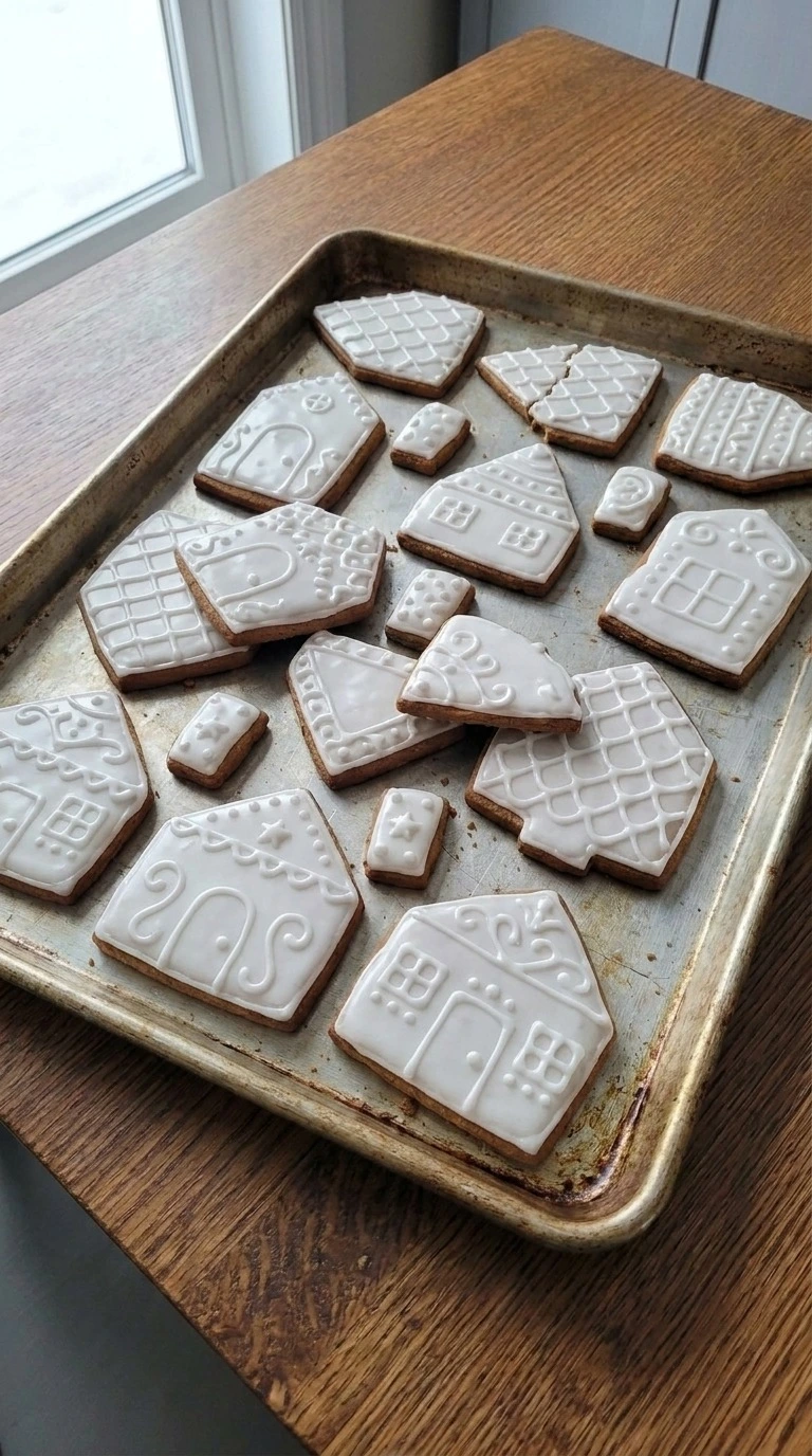 Gingerbread House Cookies decorated with glossy royal icing lines Recipe focus: gingerbread cookies house.