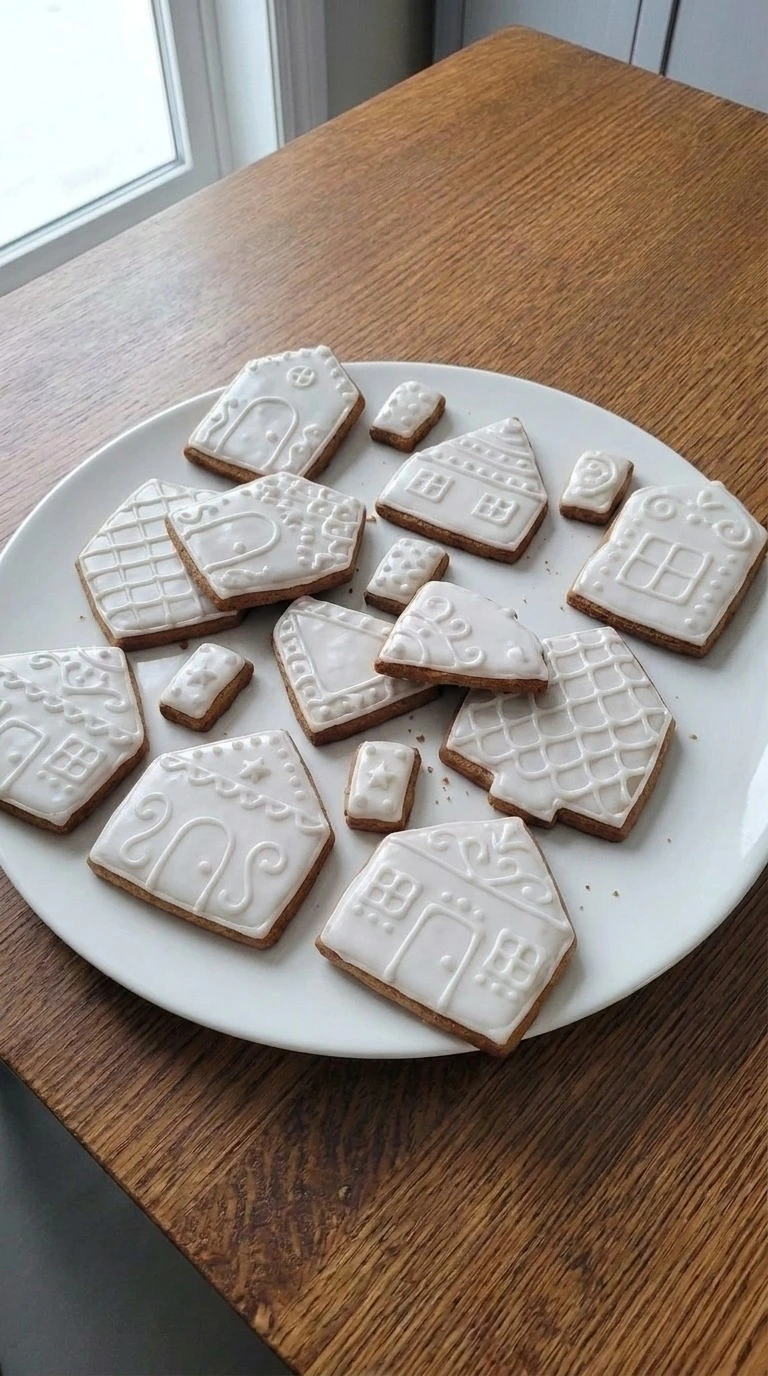 Gingerbread House Cookies decorated serving plate with handmade icing Recipe focus: gingerbread house decorated cookies.