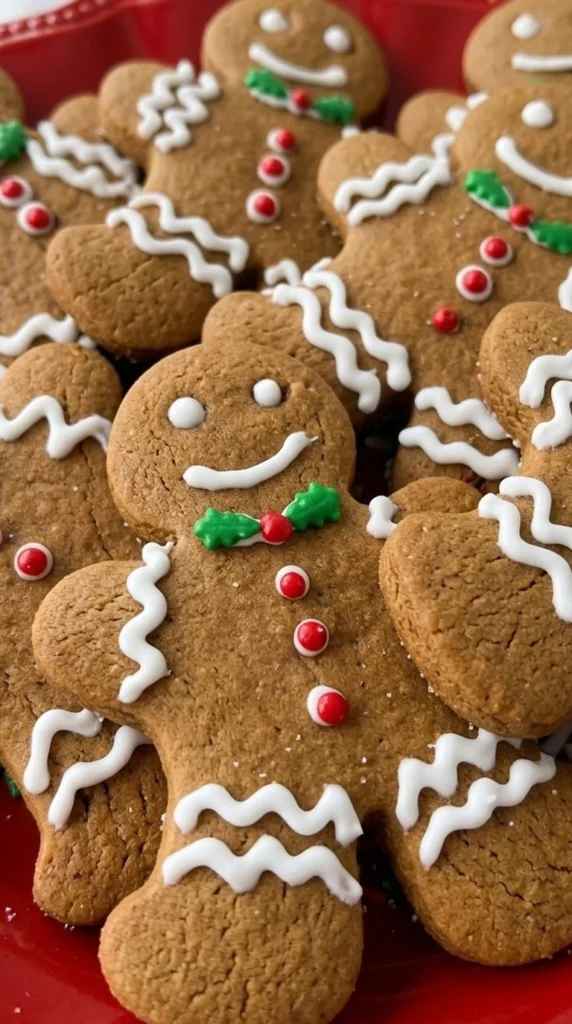 Gingerbread Man Cookies finished with icing details and golden edges Recipe focus: gingerbread cookies.