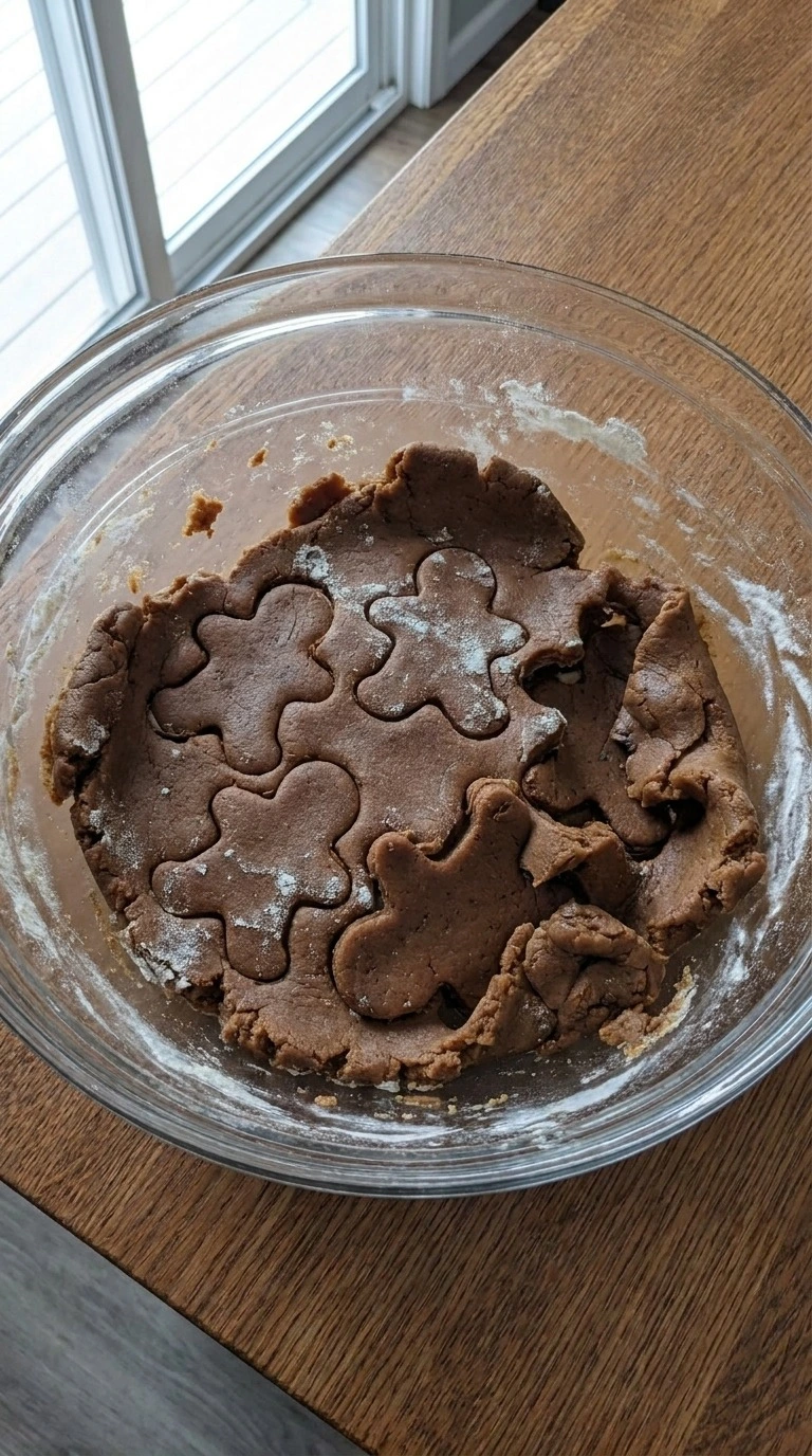 Gingerbread Man Cookies shaped before baking with cut dough Recipe focus: gingerbread cookies.