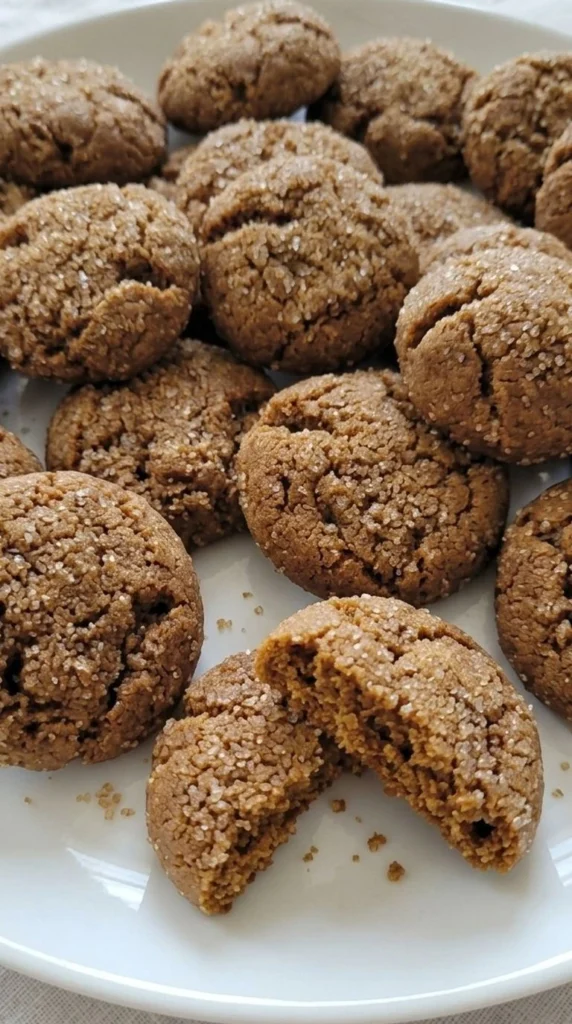 Gluten Free Gingerbread Cookies with crackled brown tops and soft centers on a white plate Recipe focus: gingerbread cookies gluten free.