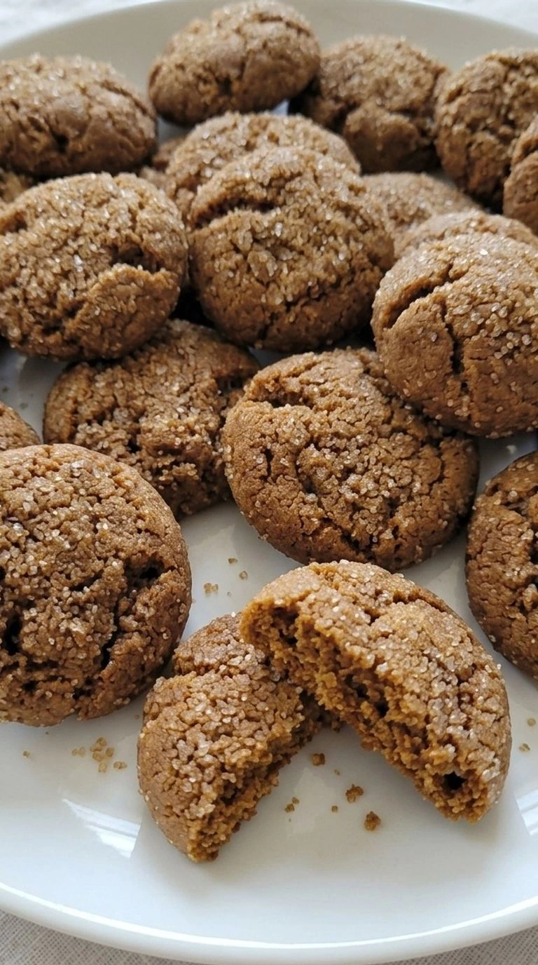 Gluten Free Gingerbread Cookies with crackled brown tops and soft centers on a white plate Recipe focus: gingerbread cookies gluten free.
