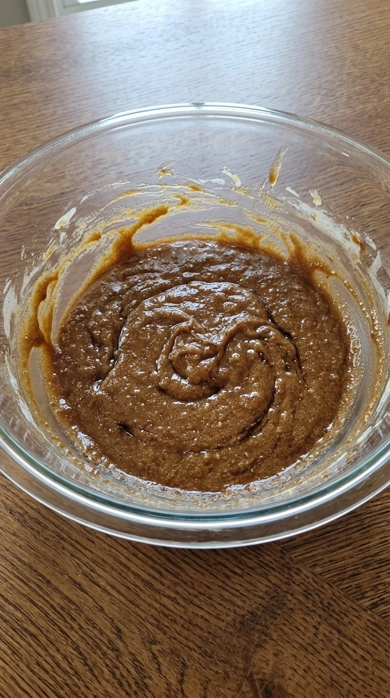 Gluten Free Gingerbread Cookies wet ingredients mixed into a glossy brown molasses batter Recipe focus: gluten free egg free gingerbread cookies.