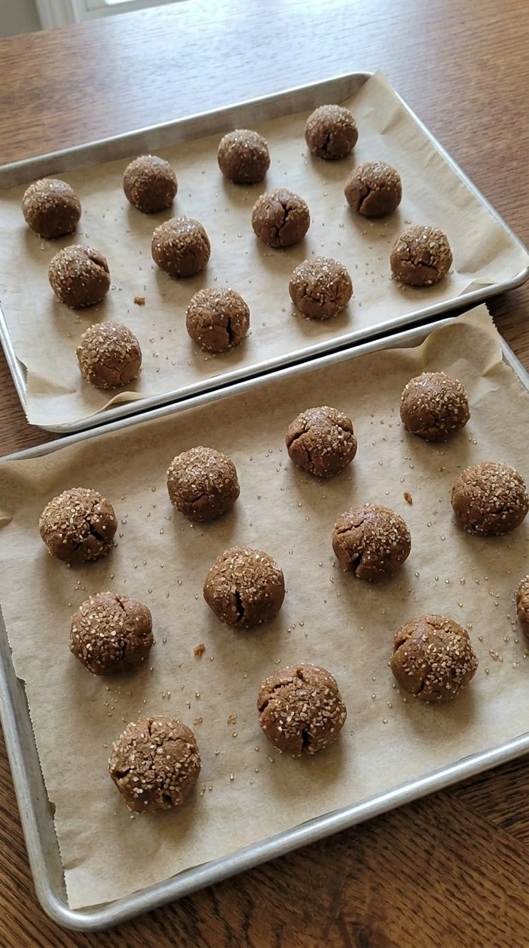 Gluten Free Gingerbread Cookies shaped into 24 raw sugar-coated dough balls on baking trays Recipe focus: dairy and gluten free gingerbread cookies.