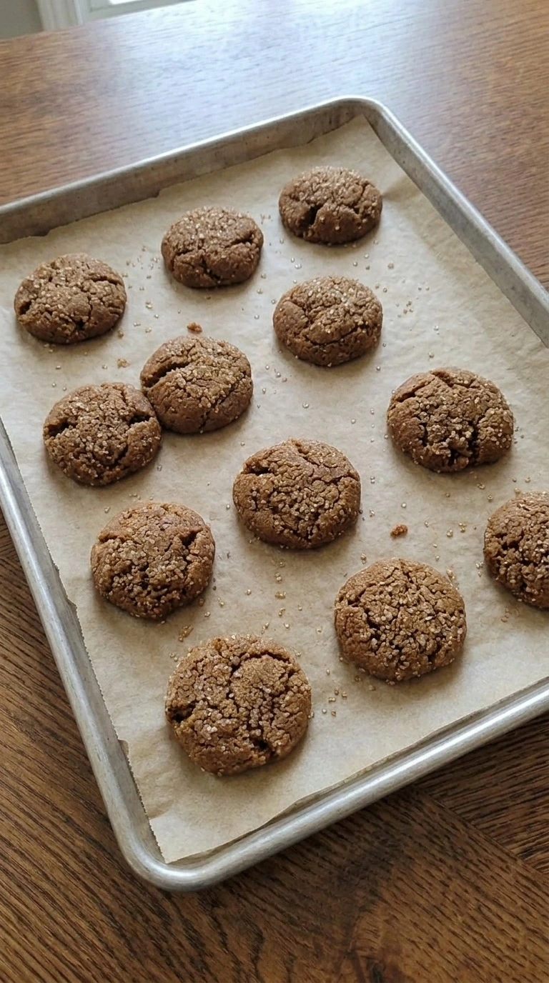 Gluten Free Gingerbread Cookies baking with deep brown edges and cracked sugar tops Recipe focus: gluten free gingerbread crinkle cookies.