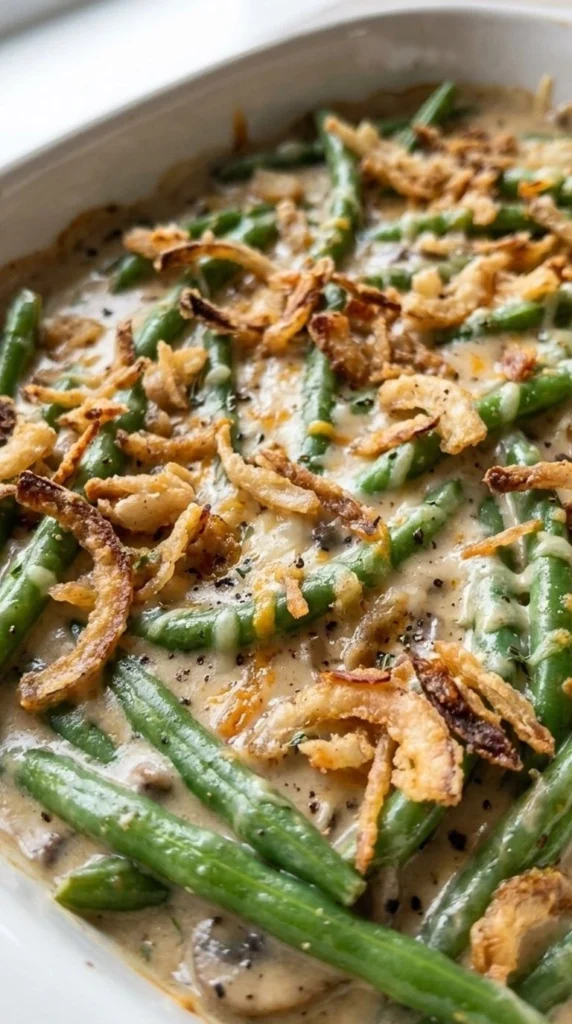 Green Bean Casserole with Fresh Green Beans finished with creamy sauce and crispy topping Recipe focus: green bean casserole easy.