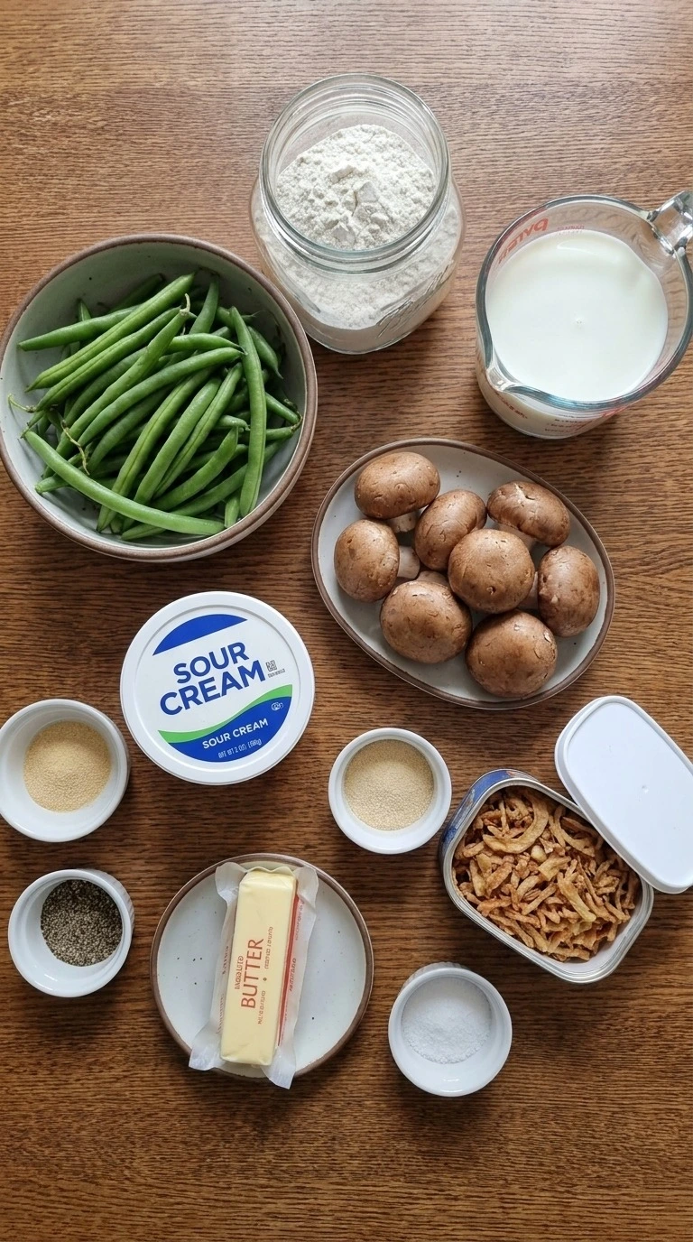 Green Bean Casserole with Fresh Green Beans ingredients including beans mushrooms and sauce items Recipe focus: green bean casserole with fresh beans.