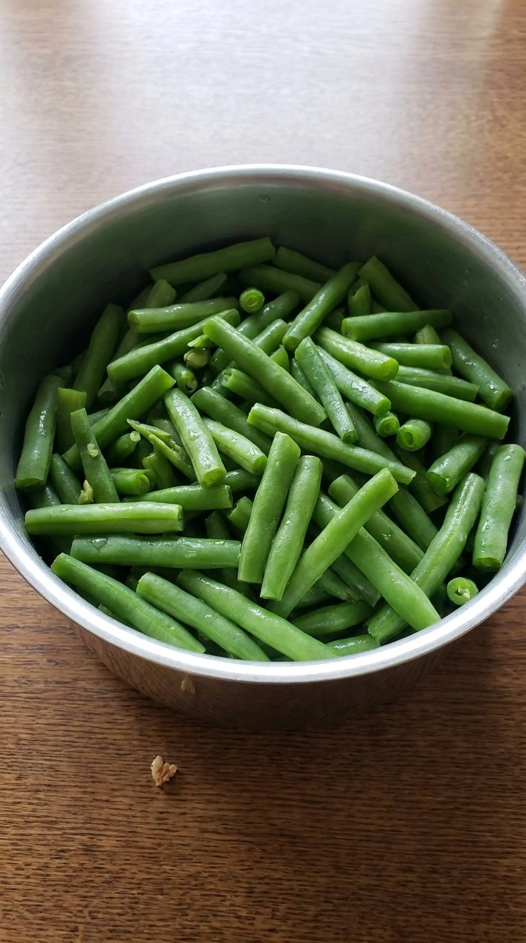 Green Bean Casserole with Fresh Green Beans step 1 trimmed fresh beans blanching stage Recipe focus: green bean casserole from scratch.