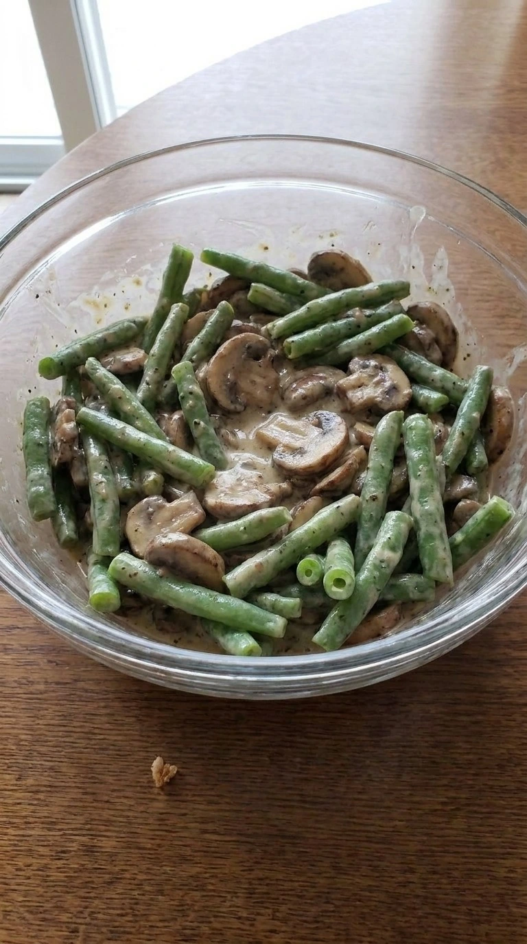 Green Bean Casserole with Fresh Green Beans mixed filling before baking Recipe focus: green bean casserole easy.