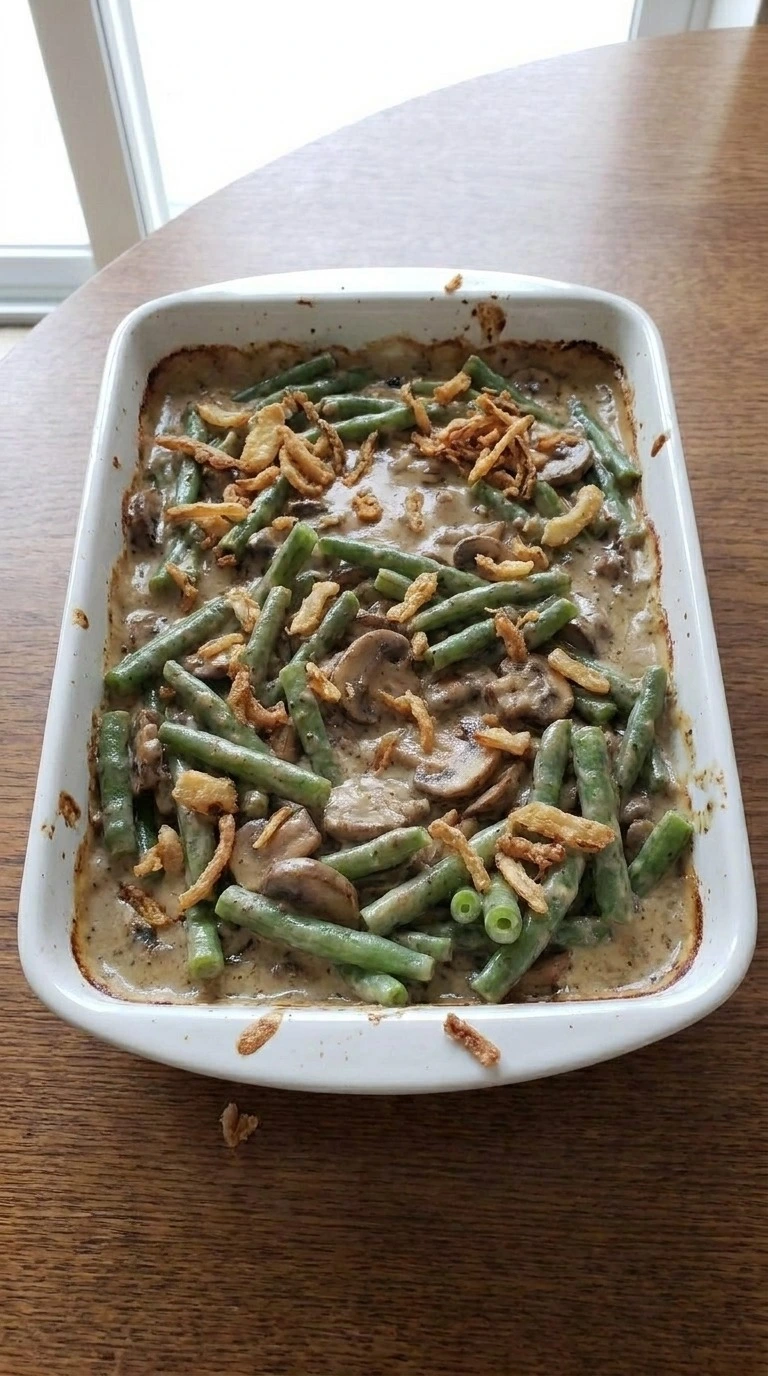 Green Bean Casserole with Fresh Green Beans baking with golden crispy onion topping Recipe focus: fresh green bean casserole.