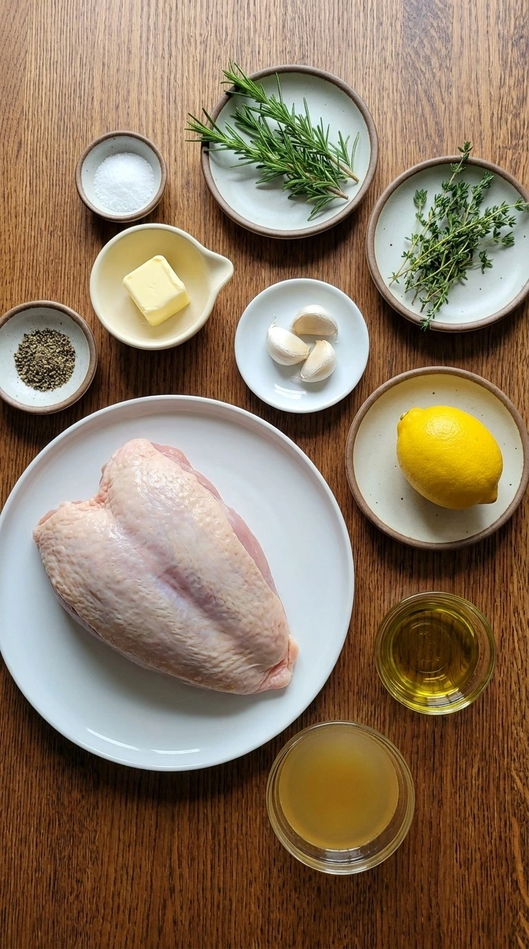 Herb Butter Roasted Turkey Breast ingredients including raw turkey, butter, rosemary, thyme, Recipe focus: thanksgiving herb butter roasted turkey breast.