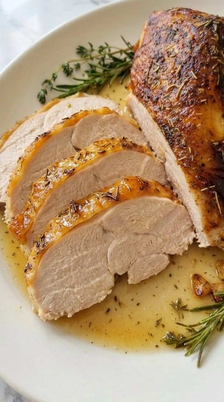 Herb Butter Roasted Turkey Breast with golden skin and thick juicy slices on a serving platter Recipe focus: easy herb butter roasted turkey breast.