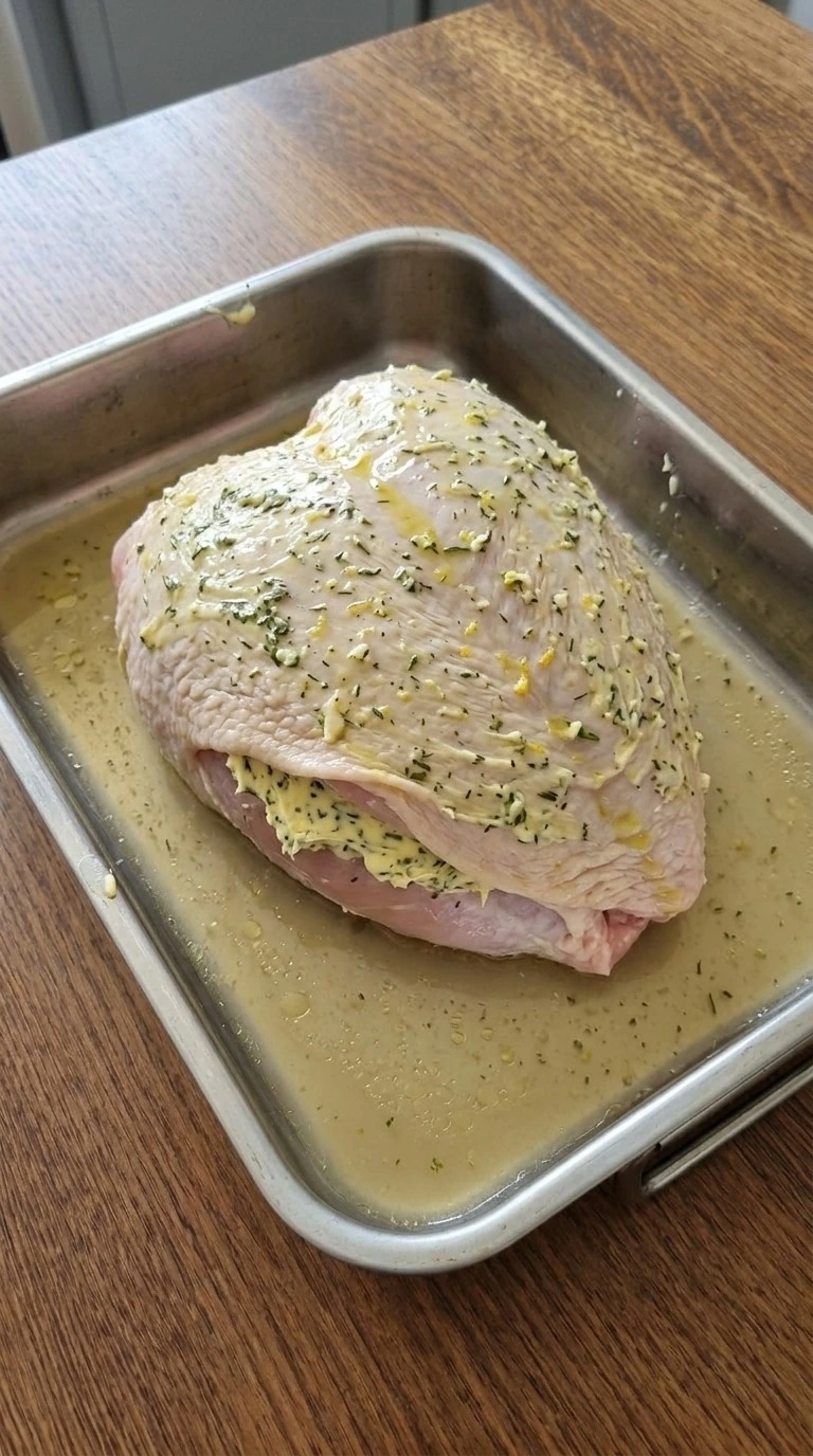 Herb Butter Roasted Turkey Breast before baking with garlic butter spread under the skin Recipe focus: herb butter roasted turkey breast recipe.