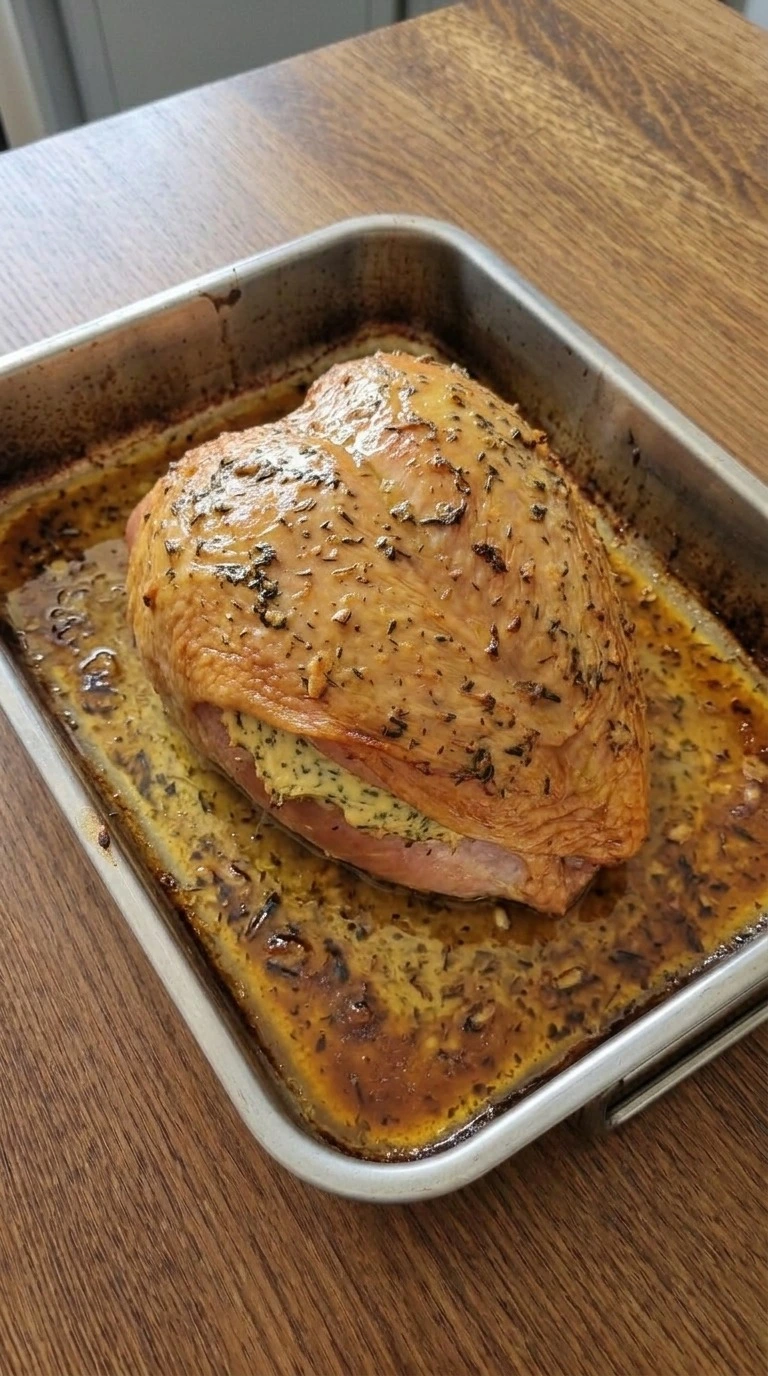 Herb Butter Roasted Turkey Breast roasted to a deep golden color with herb flecks and pan juices Recipe focus: thanksgiving herb butter roasted turkey breast.
