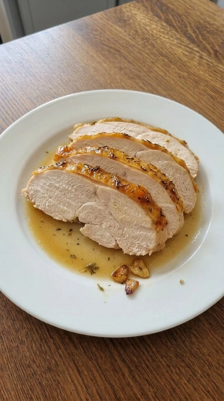 Herb Butter Roasted Turkey Breast sliced to show moist white meat and crisp golden skin on a plate Recipe focus: easy herb butter roasted turkey breast.