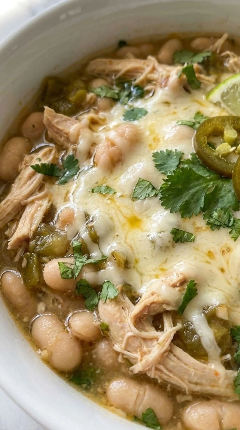 Instant Pot White Chicken Chili creamy bowl with tender chicken and white beans Recipe focus: white chicken chili instant pot.