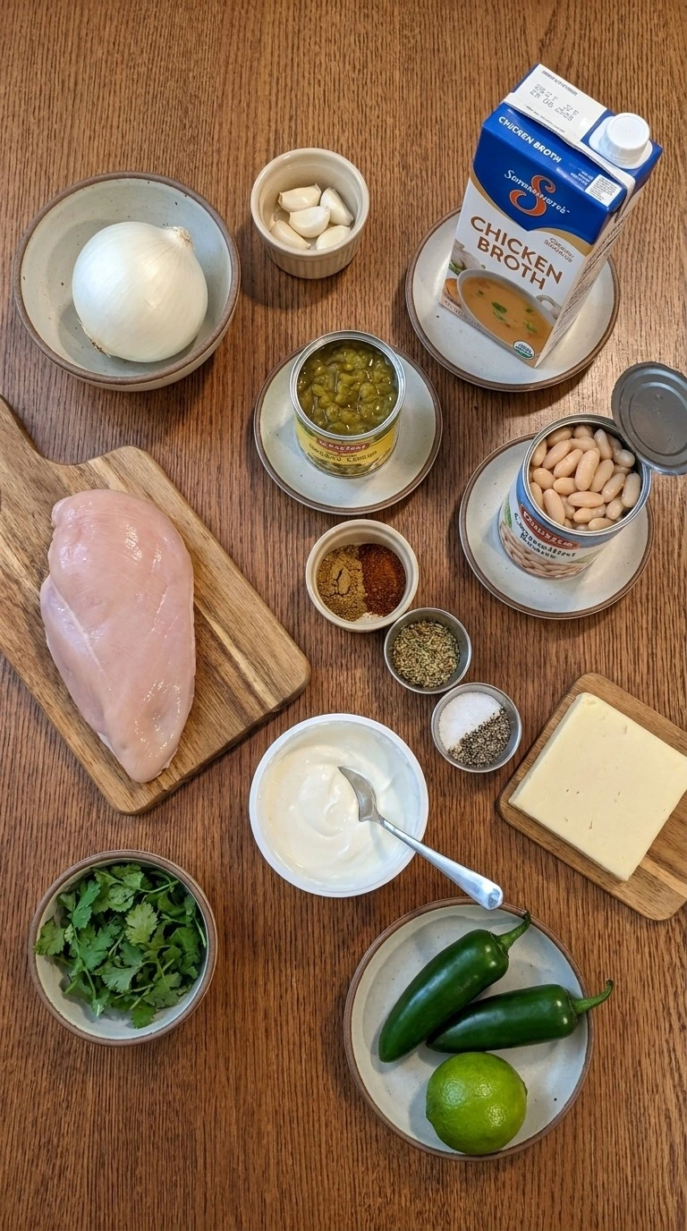 Instant Pot White Chicken Chili ingredients with chicken beans spices and fresh produce Recipe focus: easy white chicken chili.