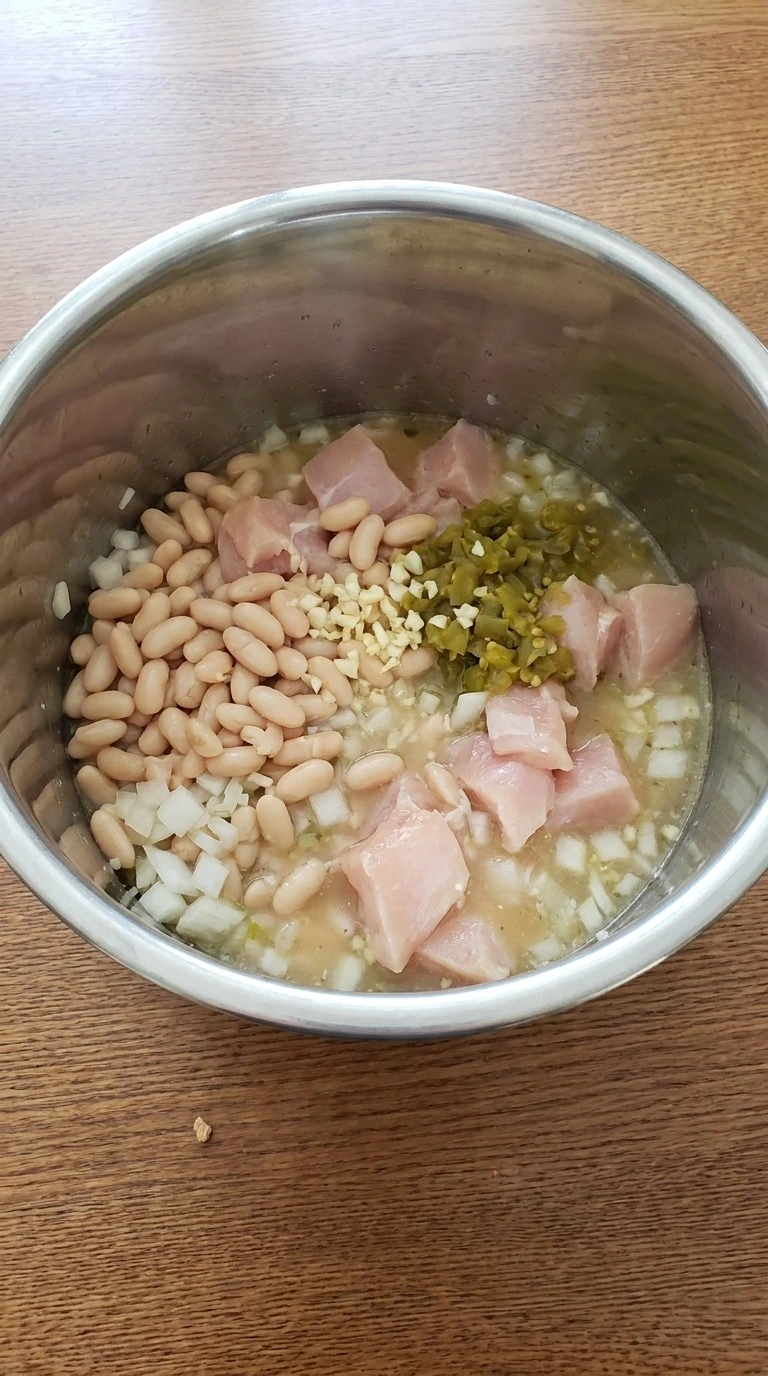 Instant Pot White Chicken Chili base with chicken beans and spices combined Recipe focus: creamy white chicken chili.