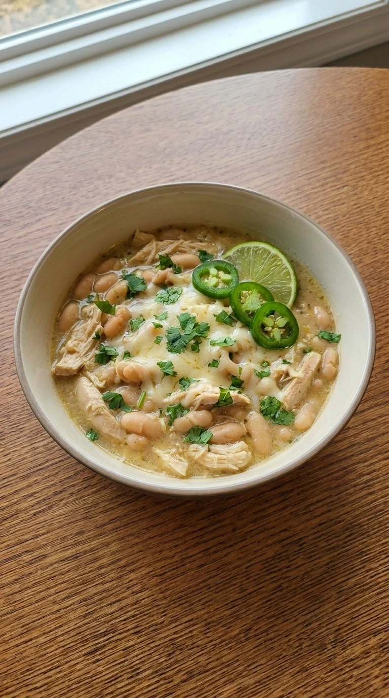 Instant Pot White Chicken Chili served bowl with creamy chicken beans and toppings Recipe focus: crockpot white chicken chili.