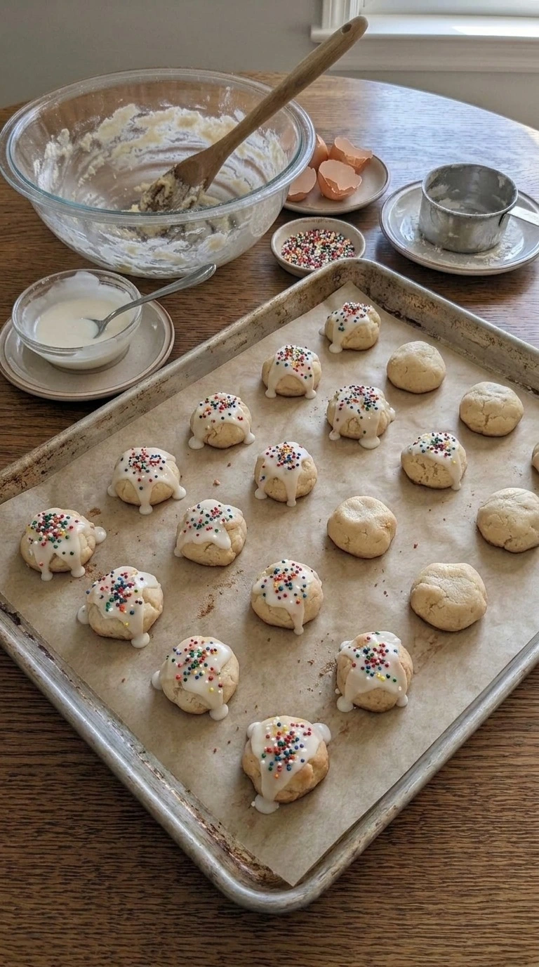 Italian Christmas Cookies with white glaze and colorful sprinkles Recipe focus: christmas cookies easy.
