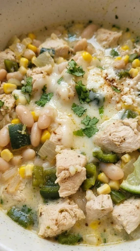 Mexican Street Corn White Chicken Chili in a bowl with creamy chicken corn soup texture Recipe focus: crockpot white chicken chili.