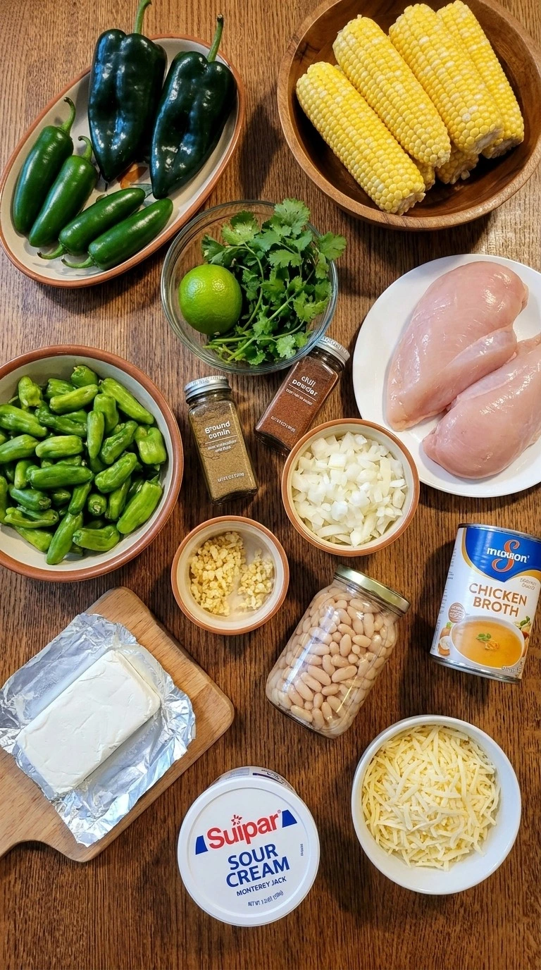 Mexican Street Corn White Chicken Chili ingredients with chicken corn peppers and spices Recipe focus: white chicken chili easy.