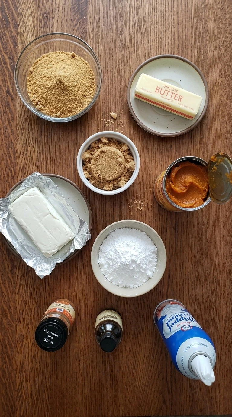 No Bake Pumpkin Cheesecake ingredients including pumpkin puree cream cheese and spices Recipe focus: pumpkin pie cheesecake.