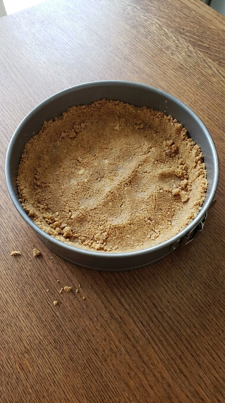 No Bake Pumpkin Cheesecake crust mixture pressed in springform pan Recipe focus: easy pumpkin cheesecake.