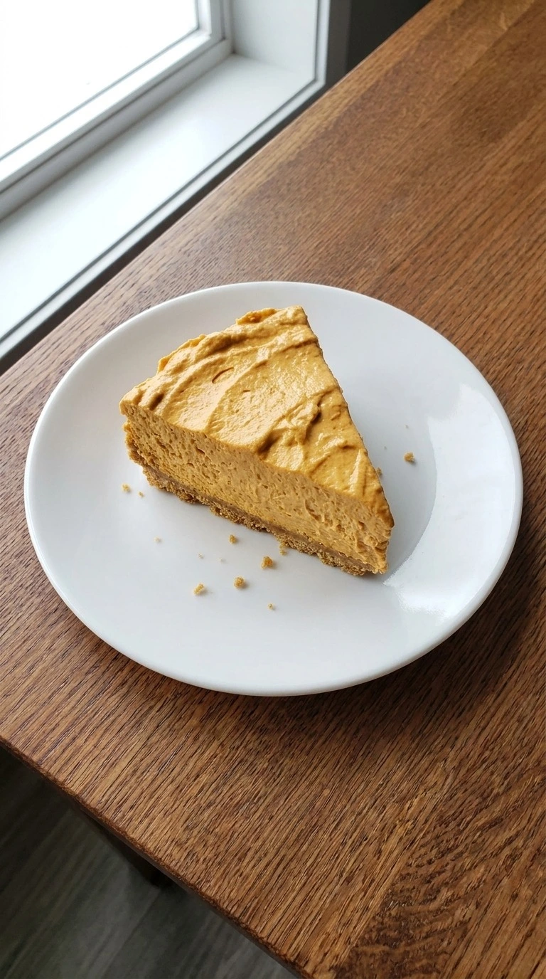 No Bake Pumpkin Cheesecake chilled slice served on white plate Recipe focus: pumpkin pie cheesecake.