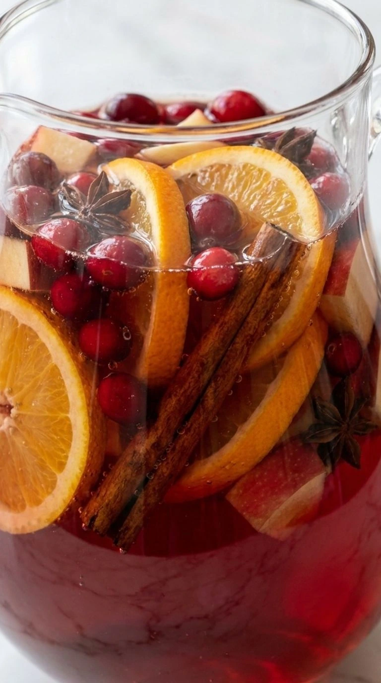 Non Alcoholic Christmas Punch with fruit slices and festive drink texture Recipe focus: christmas punch non alcoholic.