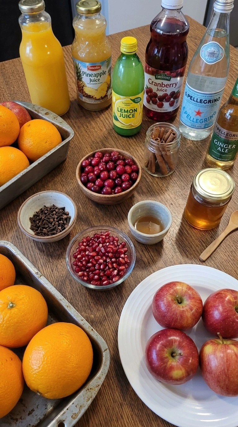 Non Alcoholic Christmas Punch ingredients with fruit juices oranges cranberries and spices Recipe focus: christmas punch non alcoholic.