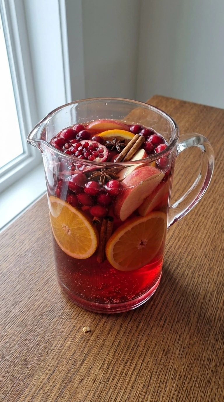 Non Alcoholic Christmas Punch served cold with fruit pieces in pitcher Recipe focus: easy christmas punch non alcoholic.