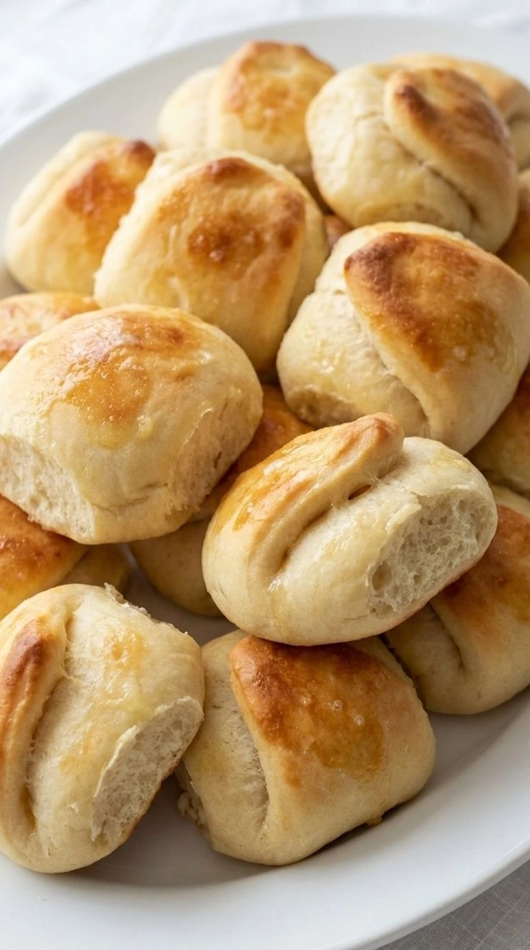 Parker House Rolls with golden buttery folded tops and soft fluffy centers arranged on a white serving platter Recipe focus: easy parker house rolls.