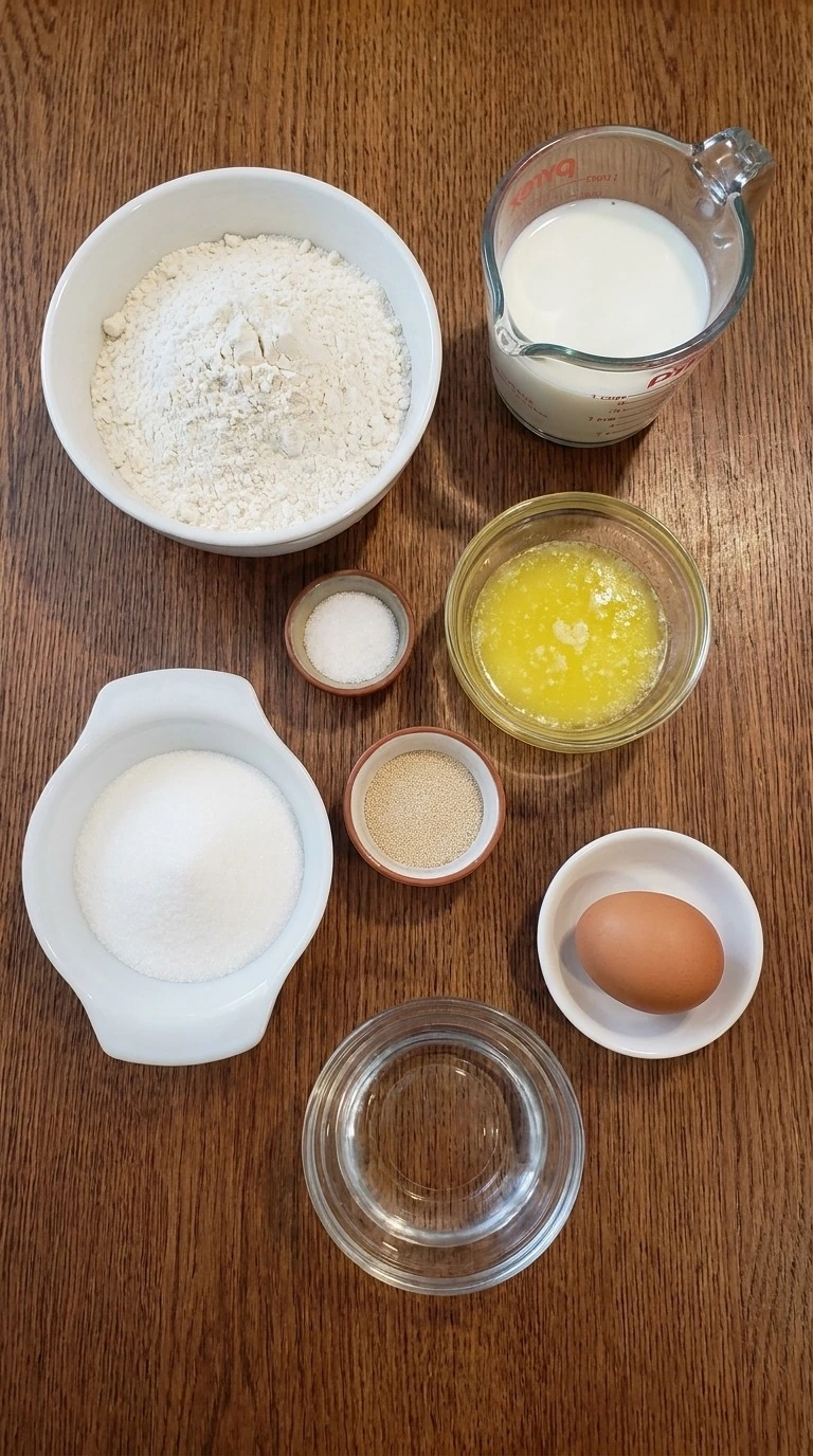 Parker House Rolls ingredients including flour whole milk butter egg yeast sugar salt and water in separate Recipe focus: thanksgiving parker house rolls.