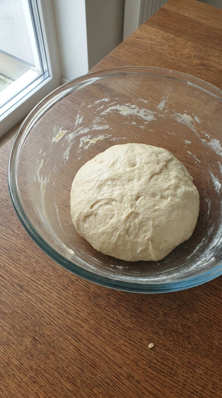 Parker House Rolls dough kneaded into a smooth pale ball inside a clear mixing bowl Recipe focus: easy parker house rolls.