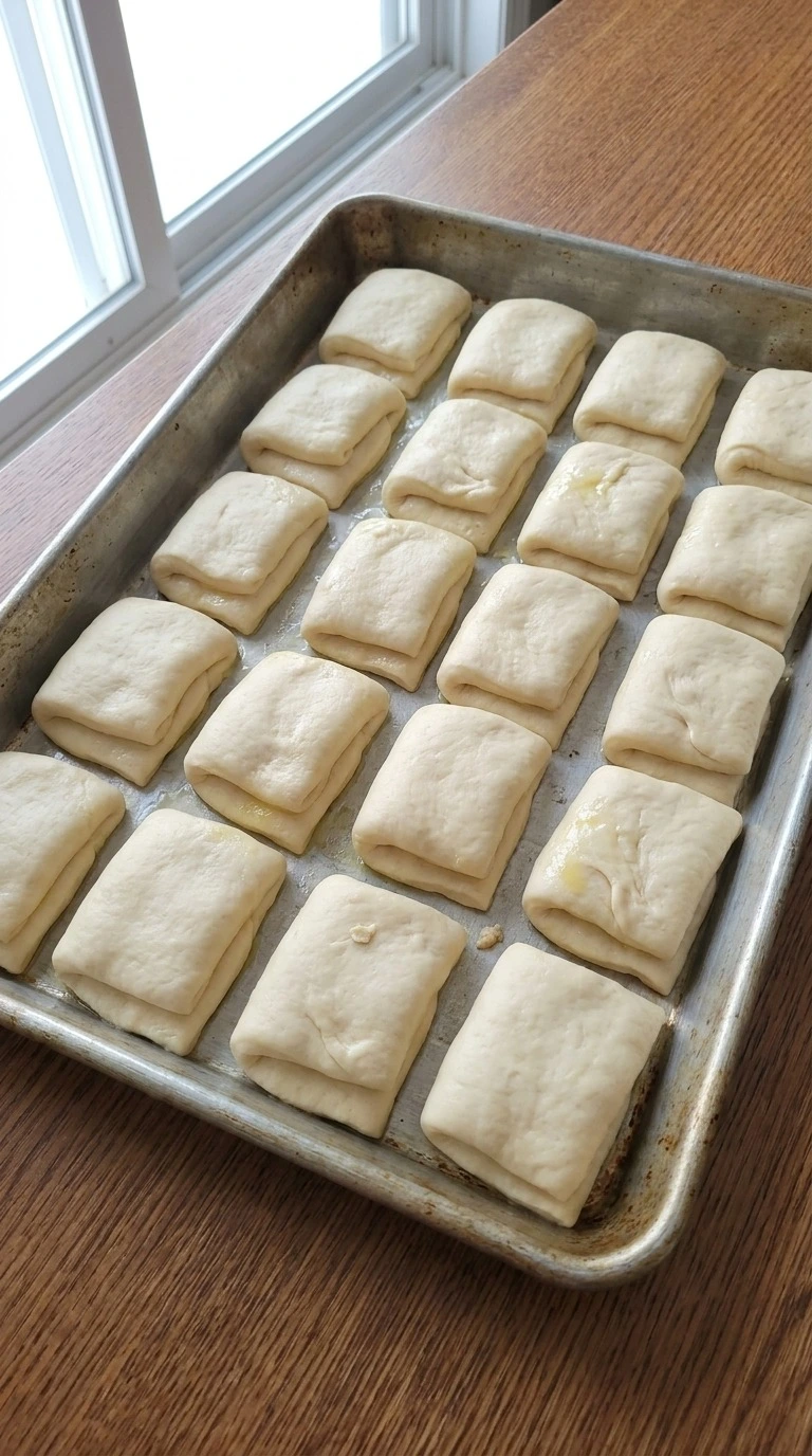 Parker House Rolls shaped into 18 pale rectangular dough pieces with classic off-center folds Recipe focus: thanksgiving parker house rolls.