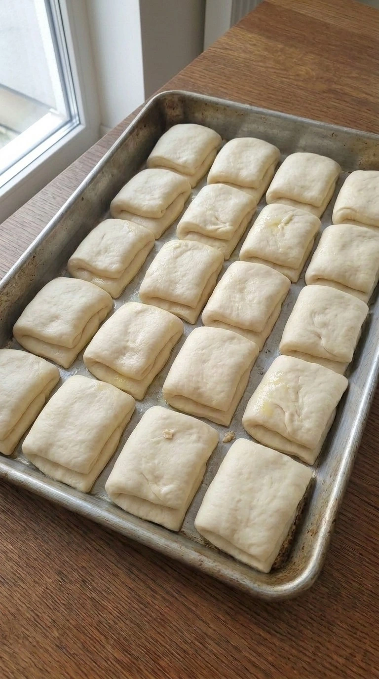 Parker House Rolls puffed after their second rise with soft folded dough touching inside a baking pan Recipe focus: easy parker house rolls.