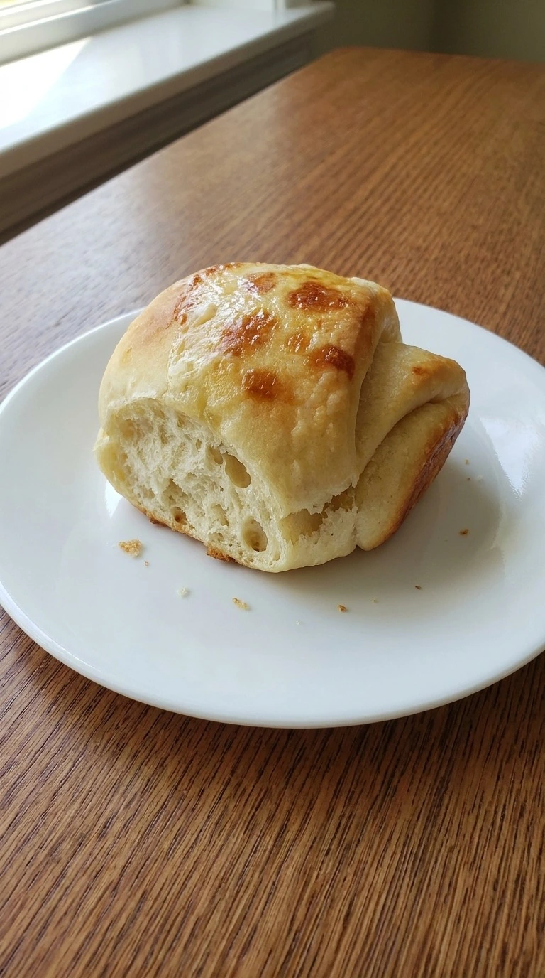 Parker House Rolls shown as a single golden folded roll opened to reveal its soft fluffy interior on a white plate Recipe focus: parker house rolls recipe.