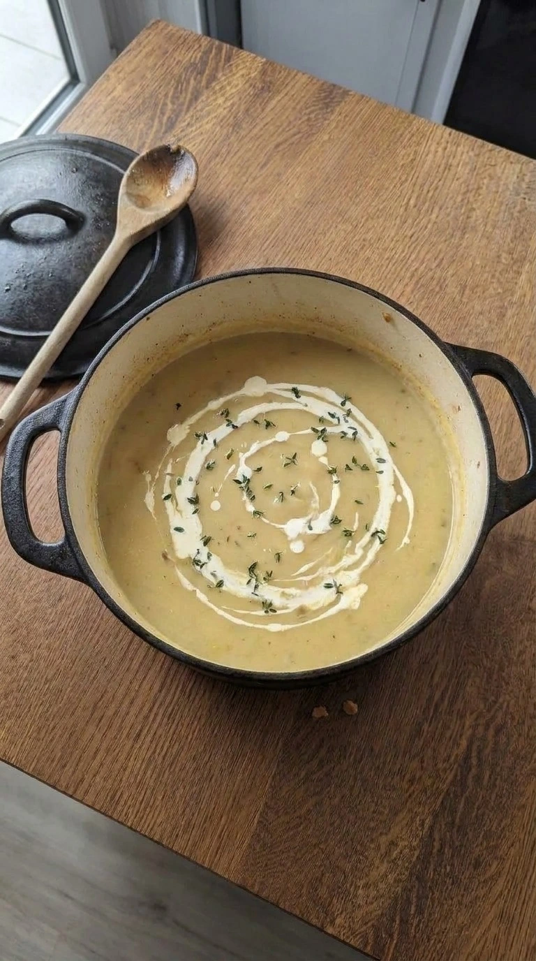 Potato Leek Soup blended into a creamy texture with thyme Recipe focus: potato and leek soup.