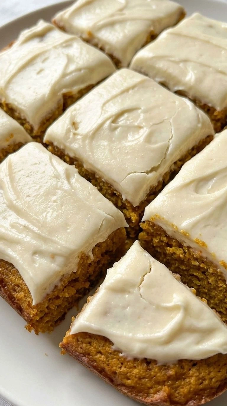 Pumpkin Bars with Cream Cheese Frosting sliced squares with creamy topping Recipe focus: pumpkin bars recipe.