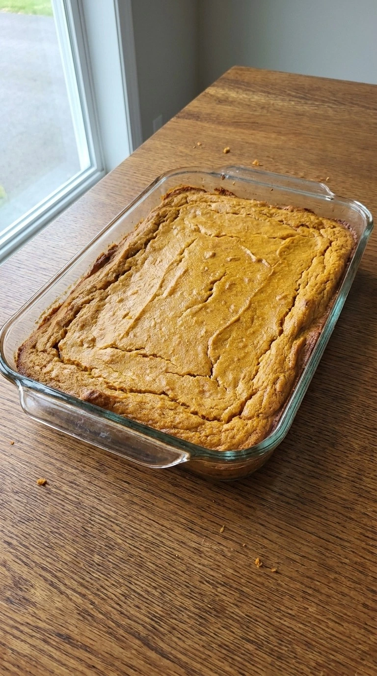 Pumpkin Bars with Cream Cheese Frosting baked pumpkin cake layer in pan Recipe focus: pumpkin bars recipe.