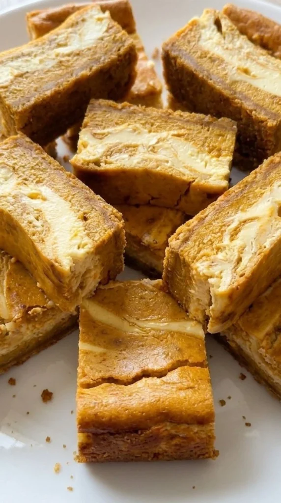 Pumpkin Cheesecake Bars sliced with creamy orange and cheesecake layers Recipe focus: pumpkin bars.