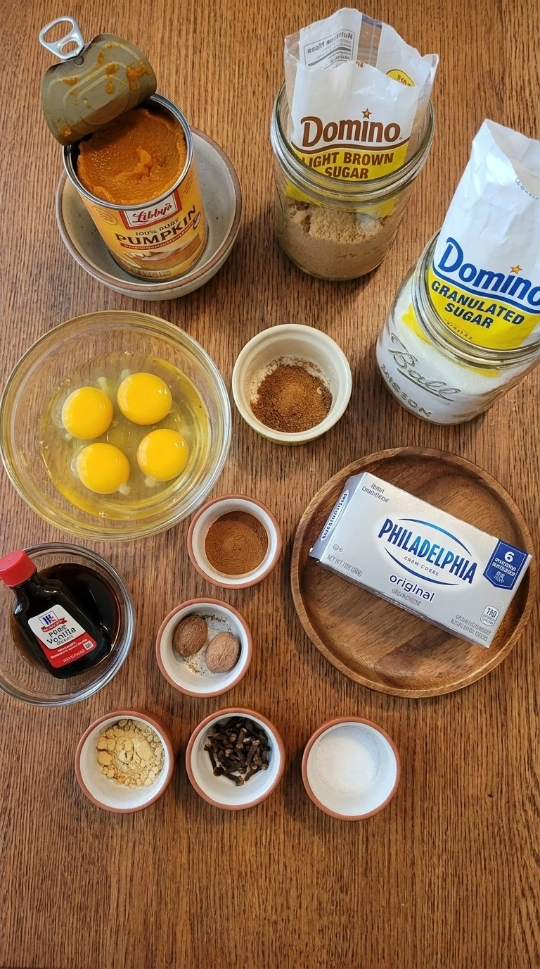 Pumpkin Cheesecake Bars ingredients with pumpkin puree cream cheese and spices Recipe focus: pumpkin pie bars recipe.