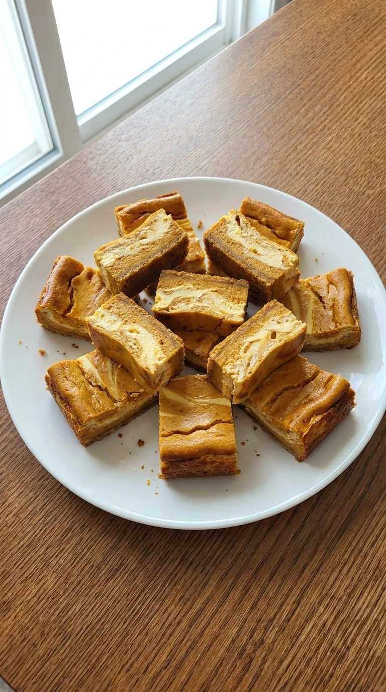 Pumpkin Cheesecake Bars sliced portions showing creamy layered texture Recipe focus: pumpkin pie bars recipe.