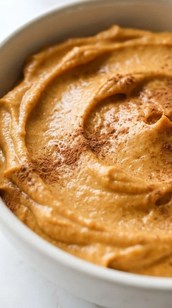 Pumpkin Pie Dip in a serving bowl with creamy orange swirls and cinnamon topping Recipe focus: pumpkin fluff dip.