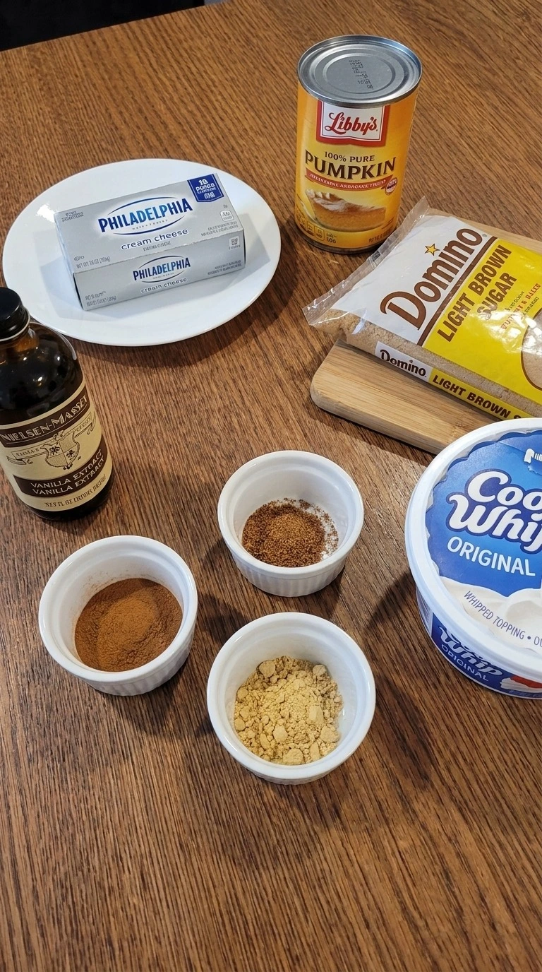 Pumpkin Pie Dip ingredients including pumpkin puree cream cheese and fall spices Recipe focus: pumpkin cream cheese dip.