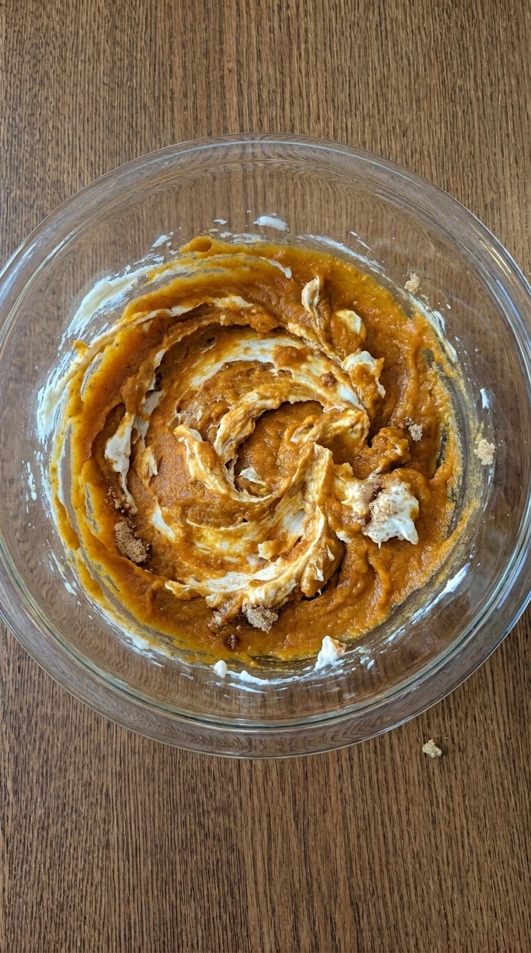 Pumpkin Pie Dip base mixing with pumpkin puree and cream cheese Recipe focus: pumpkin pie dip with cool whip.